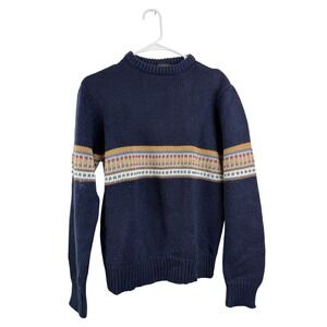 Vintage L'Abelle Designer Mens M Blue Knit Sweater Crew Neck Geometric
